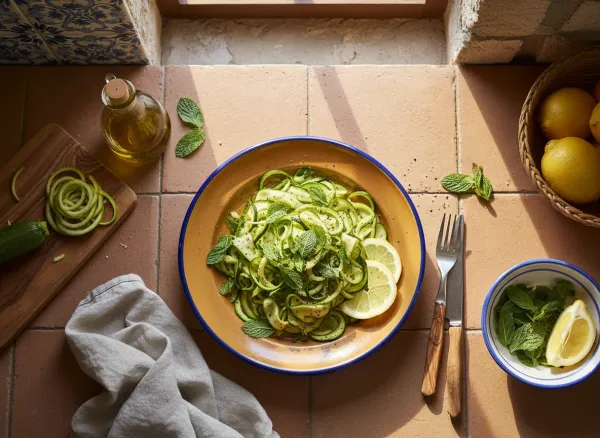 Sautéed Zucchini Ribbons with Fresh Mint — Overhead view