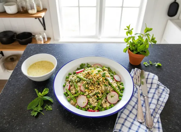 Spring Garden Quinoa Salad with Lemon-Herb Vinaigrette — Overhead view