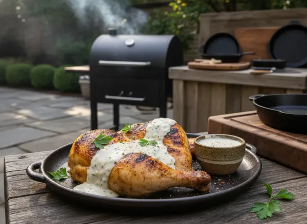 Grilled Half Chicken with Alabama White BBQ Sauce — Alternate view