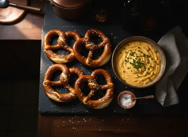 Soft Baked Pub Pretzels with Creamy Beer Cheese Dip — Overhead view