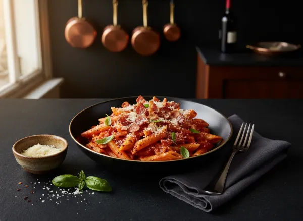 Penne Alla Vodka with Crispy Pancetta — Overhead view