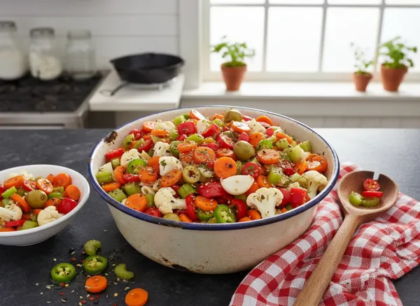 Homemade Chicago-Style Spicy Giardiniera — Overhead view