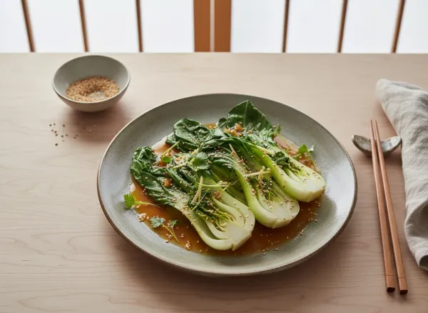Microwave-Steamed Baby Bok Choy with Ginger-Sesame Dressing — Overhead view