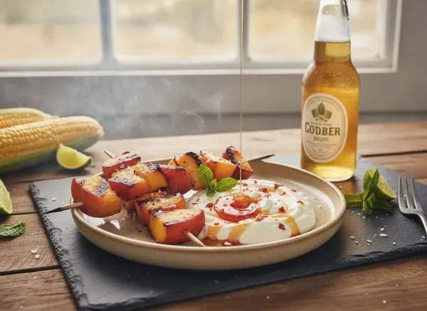 Grilled Peach & Plum Skewers with Hot Honey Yogurt Dip