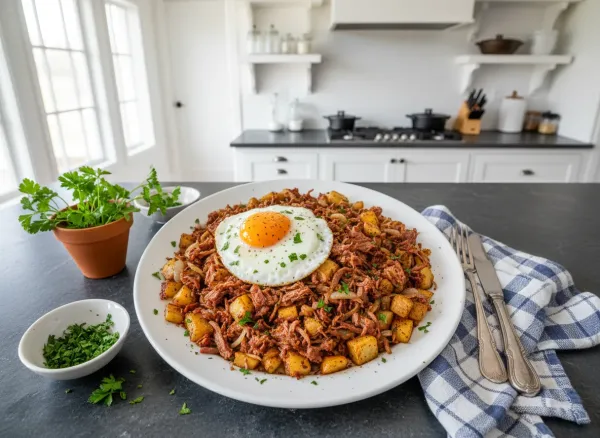 Slow-Cooked Corned Beef Hash — Overhead view
