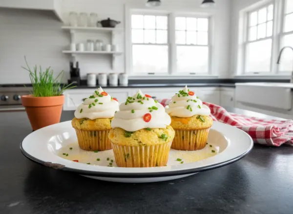 Jalapeño Cheddar Cornbread Cupcakes with Chive Cream Cheese Frosting