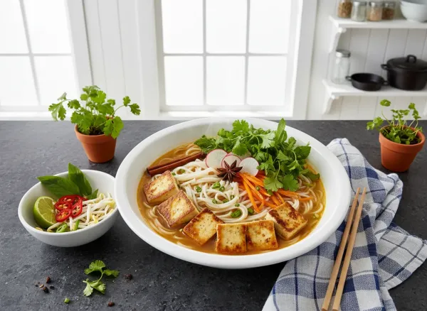 Rich and Aromatic Vegan Pho (Pho Chay) — Overhead view