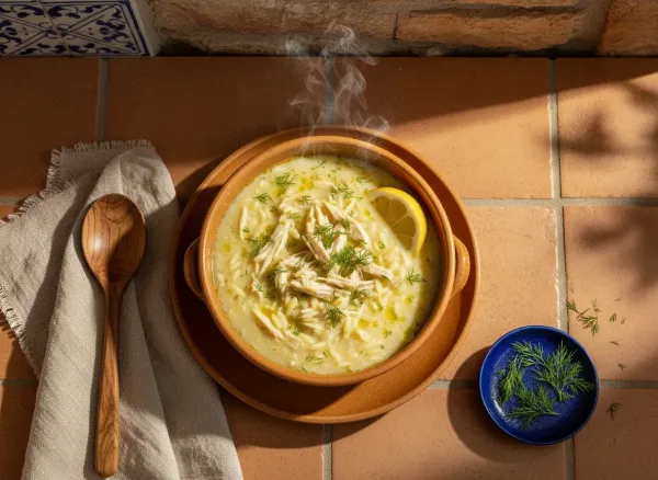 Classic Greek Avgolemono Soup — Overhead view