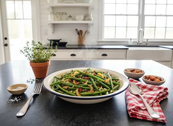 Classic Sautéed Green Beans with Bacon and Garlic — Overhead view