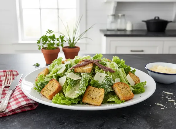 Classic Caesar Salad with Homemade Croutons — Overhead view