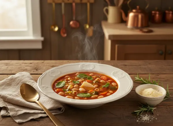 Hearty Classic Minestrone Soup — Overhead view