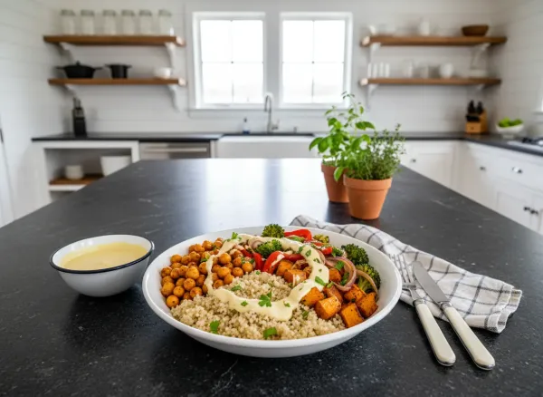 Make-Ahead Quinoa and Roasted Vegetable Lunch Bowls — Overhead view