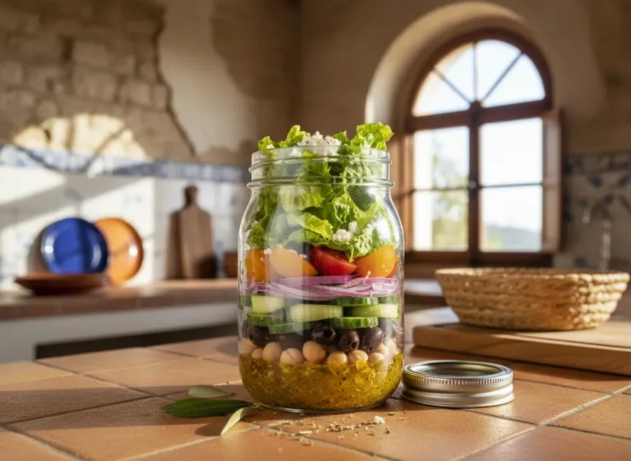 Make-Ahead Mason Jar Greek Salad with Chickpeas