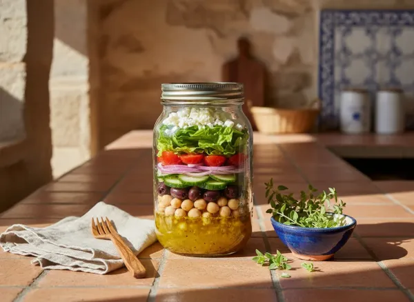 Make-Ahead Mason Jar Greek Salad with Chickpeas — Overhead view