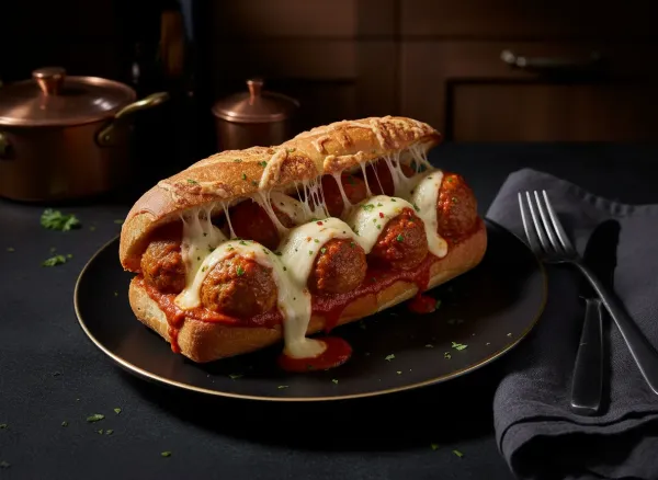 Spicy Vodka Sauce Meatball Sub — Overhead view