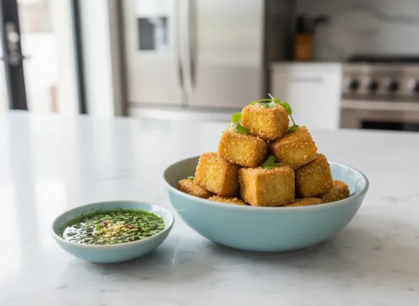 Deep-Fried Crispy Tofu with Cilantro-Garlic Dipping Sauce