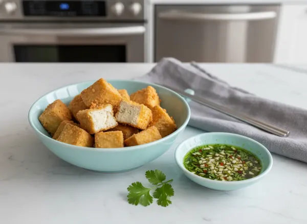 Deep-Fried Crispy Tofu with Cilantro-Garlic Dipping Sauce — Overhead view